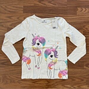 H&M Girls Size 8-10 Long Sleeve Shirt Colorful Unicorn White Cotton NWT!